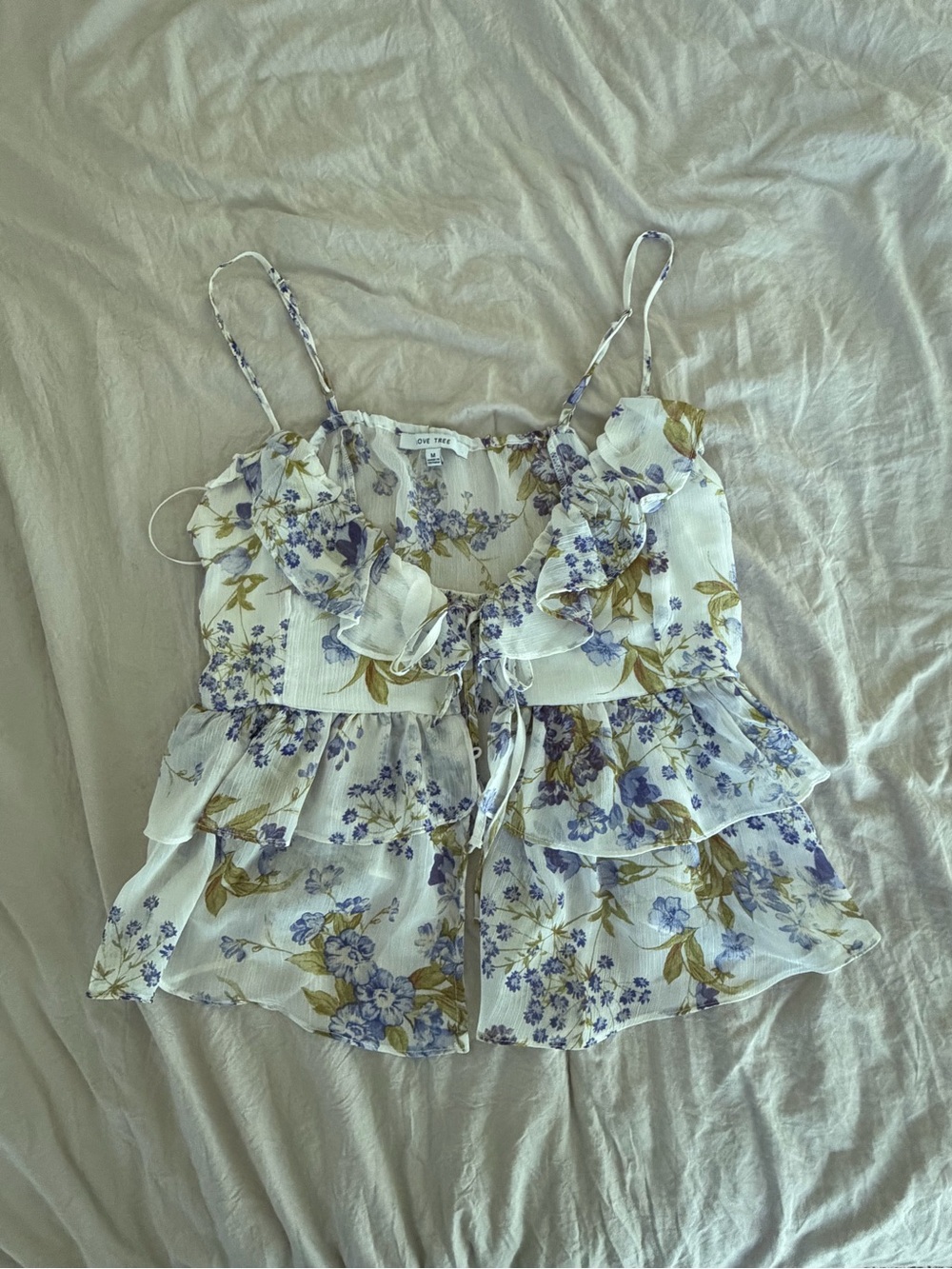 Floral Ruffle Tie-Front Cami Top in White and Lavender